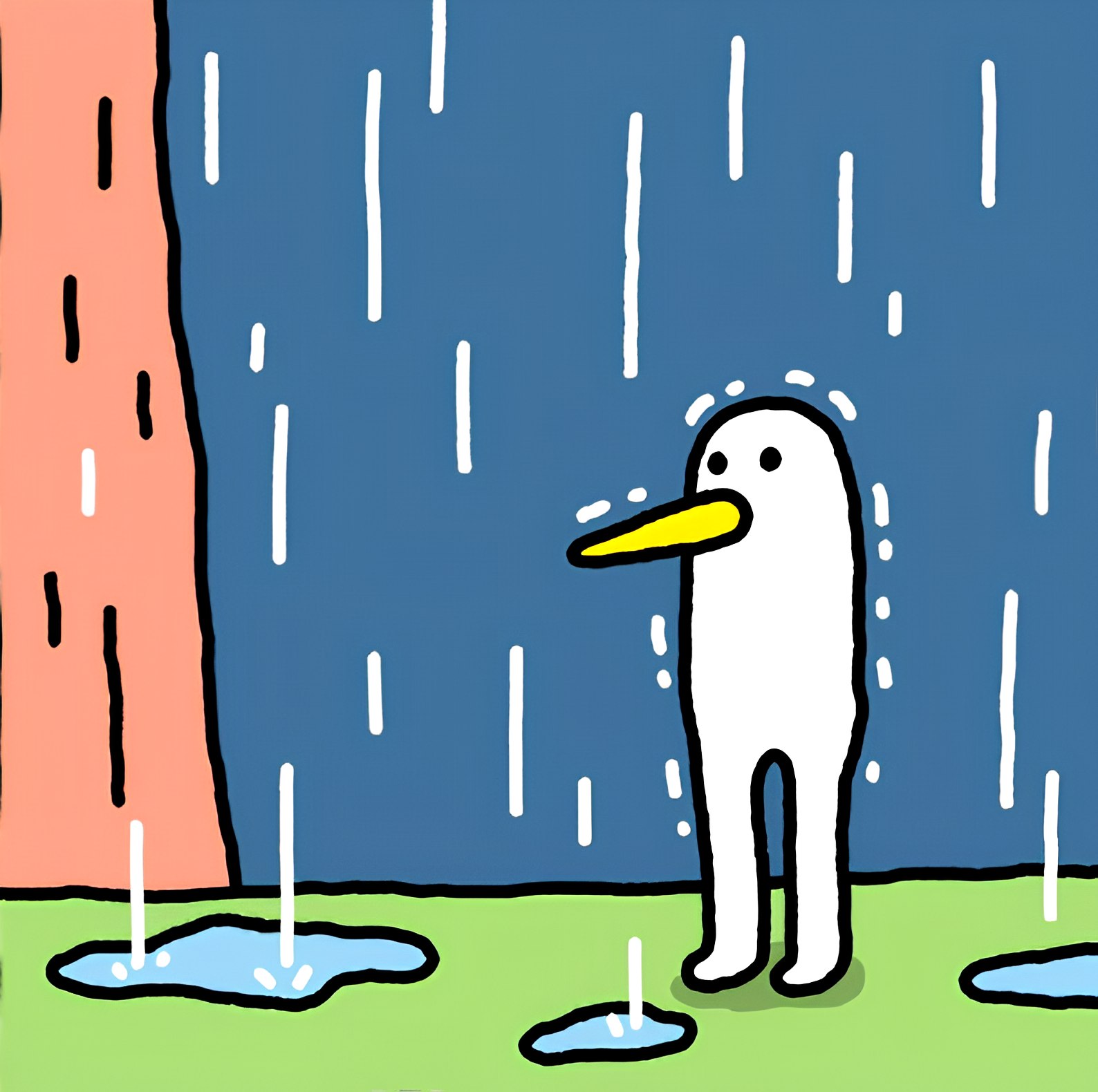 Dork standing alone in the rain, looking sad
